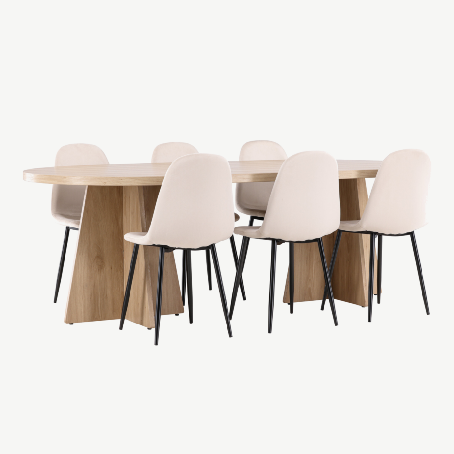 Bootcut söögilaud (230×115 cm) ja Polar velvetkangaga toolid, naturaalne puidutoon/beež, GR24561 – 4