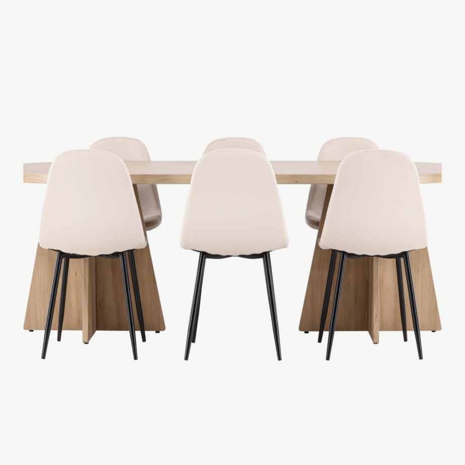 Bootcut söögilaud (230×115 cm) ja Polar velvetkangaga toolid, naturaalne puidutoon/beež, GR24561 – 5