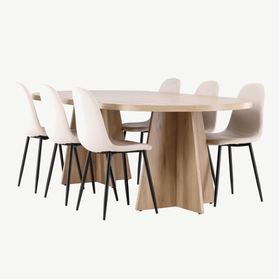 Bootcut söögilaud (230×115 cm) ja Polar velvetkangaga toolid, naturaalne puidutoon/beež, GR24561 – 6