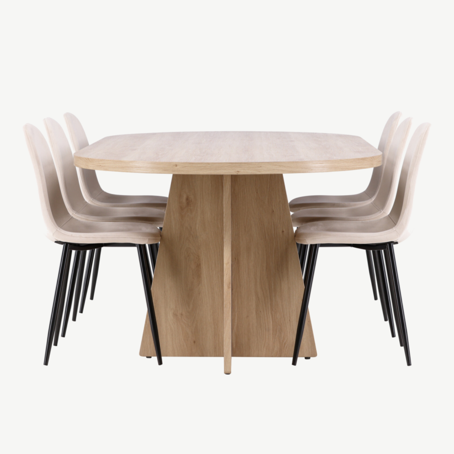 Bootcut söögilaud (230×115 cm) ja Polar velvetkangaga toolid, naturaalne puidutoon/beež, GR24561 – 7