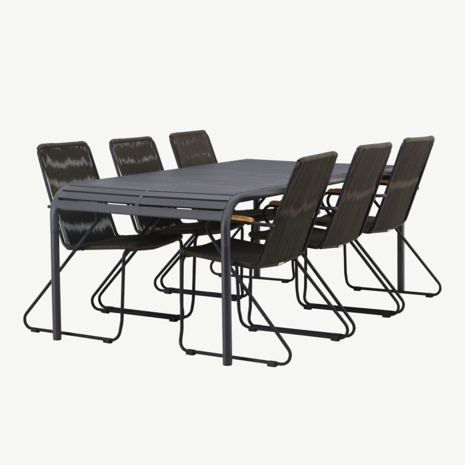 Borneo alumiiniumist aiamööbli komplekt 6 tooliga (must, tiigipuu käetoed, tumehall nöör), GR23331 – 3