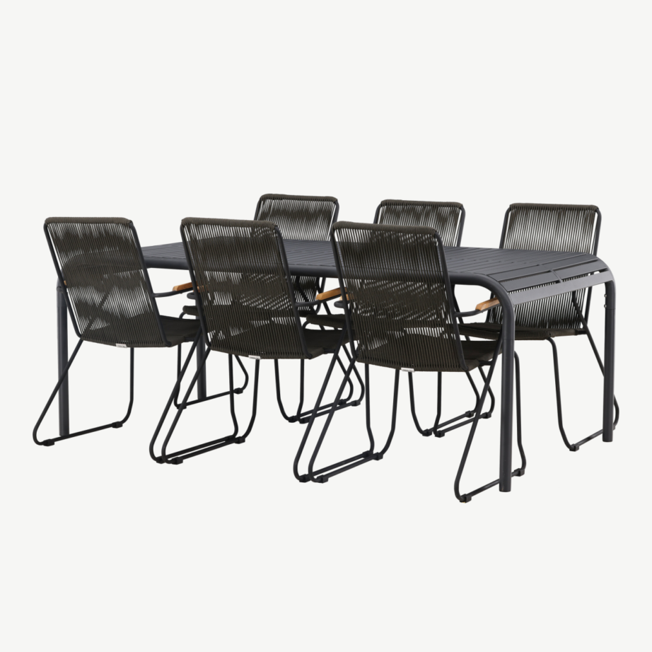 Borneo alumiiniumist aiamööbli komplekt 6 tooliga (must, tiigipuu käetoed, tumehall nöör), GR23331