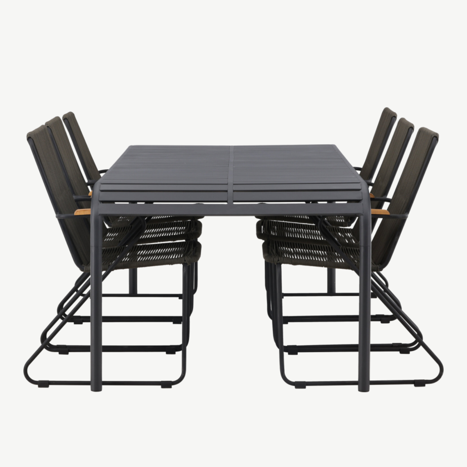 Borneo alumiiniumist aiamööbli komplekt 6 tooliga (must, tiigipuu käetoed, tumehall nöör), GR23331 – 7