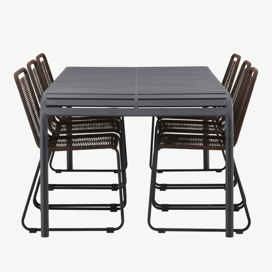 Borneo ristkülikukujuline aiamööblikomplekt, must alumiinium laud ja pruun köiest toolid, 6 tooli, GR23329 – 2