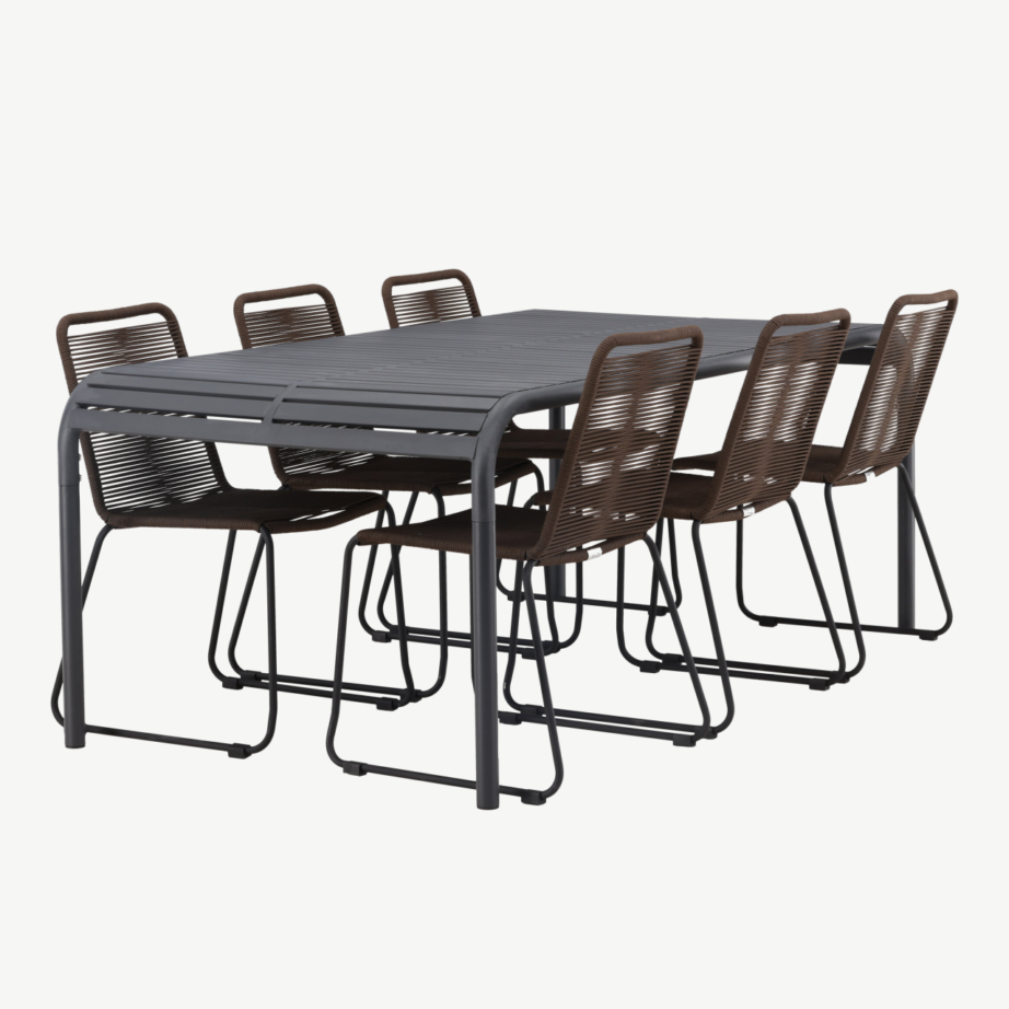 Borneo ristkülikukujuline aiamööblikomplekt, must alumiinium laud ja pruun köiest toolid, 6 tooli, GR23329 – 3