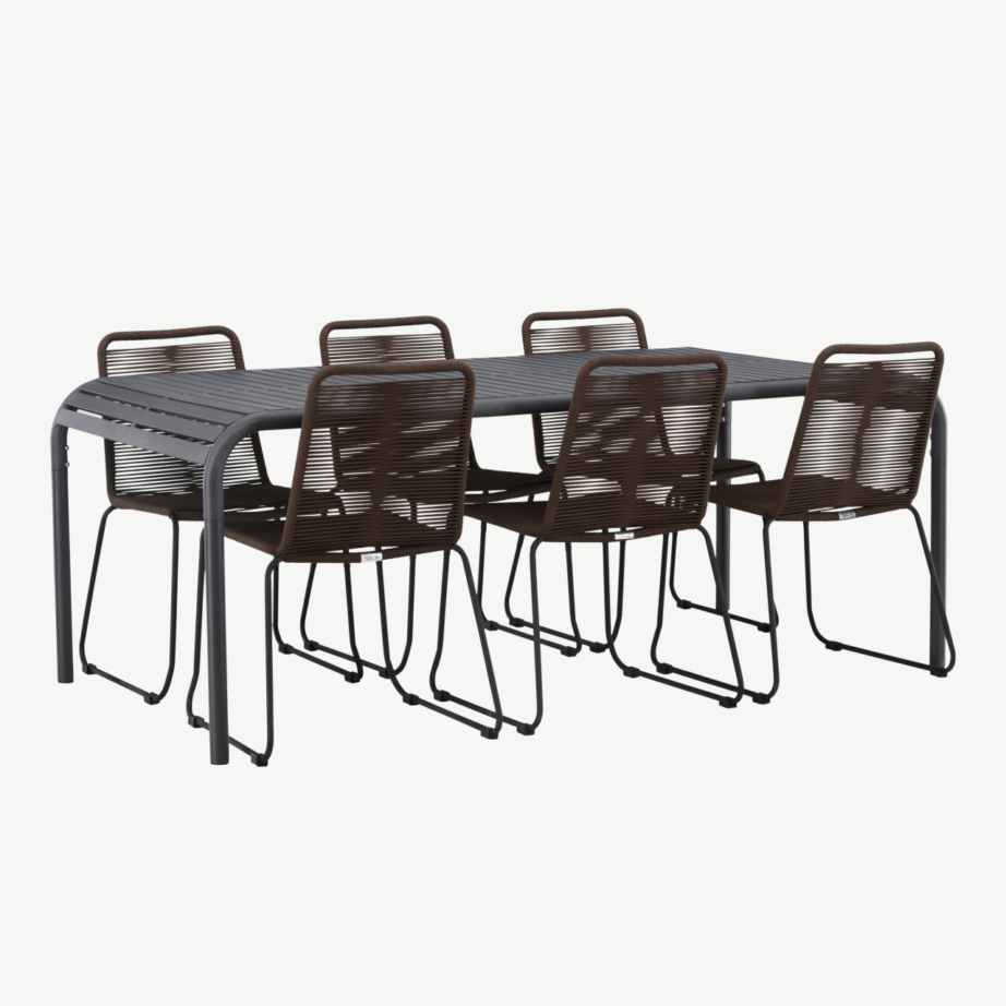 Borneo ristkülikukujuline aiamööblikomplekt, must alumiinium laud ja pruun köiest toolid, 6 tooli, GR23329 – 4