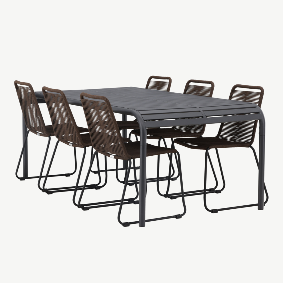 Borneo ristkülikukujuline aiamööblikomplekt, must alumiinium laud ja pruun köiest toolid, 6 tooli, GR23329 – 6