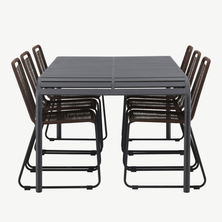 Borneo ristkülikukujuline aiamööblikomplekt, must alumiinium laud ja pruun köiest toolid, 6 tooli, GR23329 – 7
