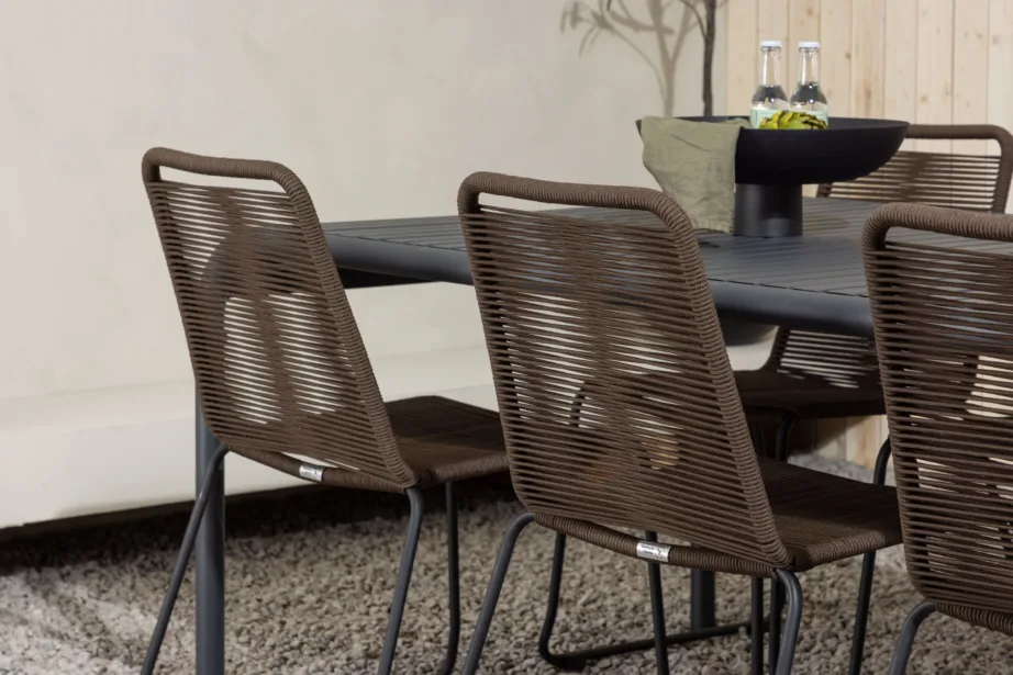 Borneo ristkülikukujuline aiamööblikomplekt, must alumiinium laud ja pruun köiest toolid, 6 tooli, GR23329 – 9