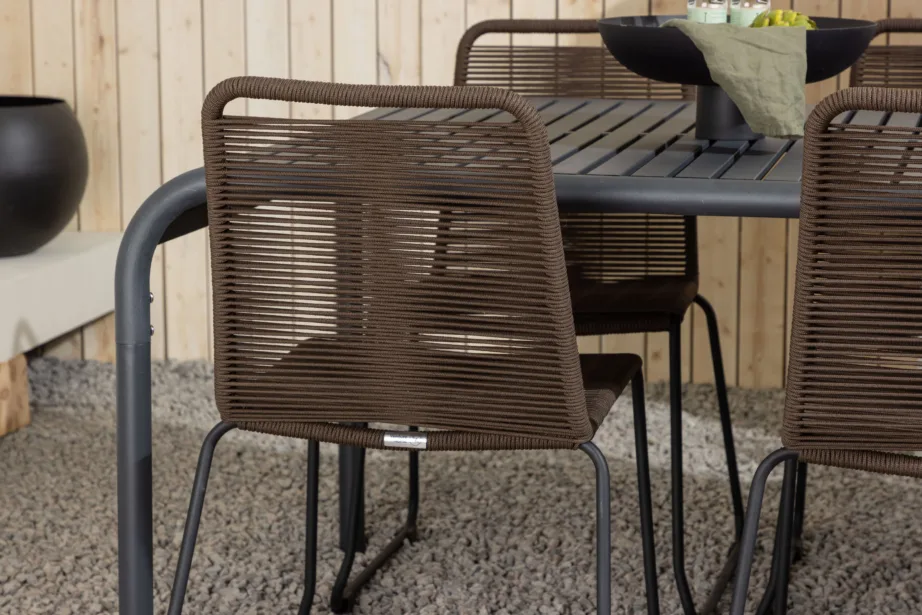 Borneo ristkülikukujuline aiamööblikomplekt, must alumiinium laud ja pruun köiest toolid, 6 tooli, GR23329 – 11