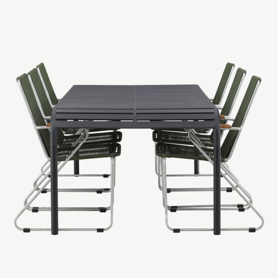 Borneo ristkülikukujuline alumiiniumist söögilaud koos 6 rohelise köiest istmega tooliga, GR23330 – 2