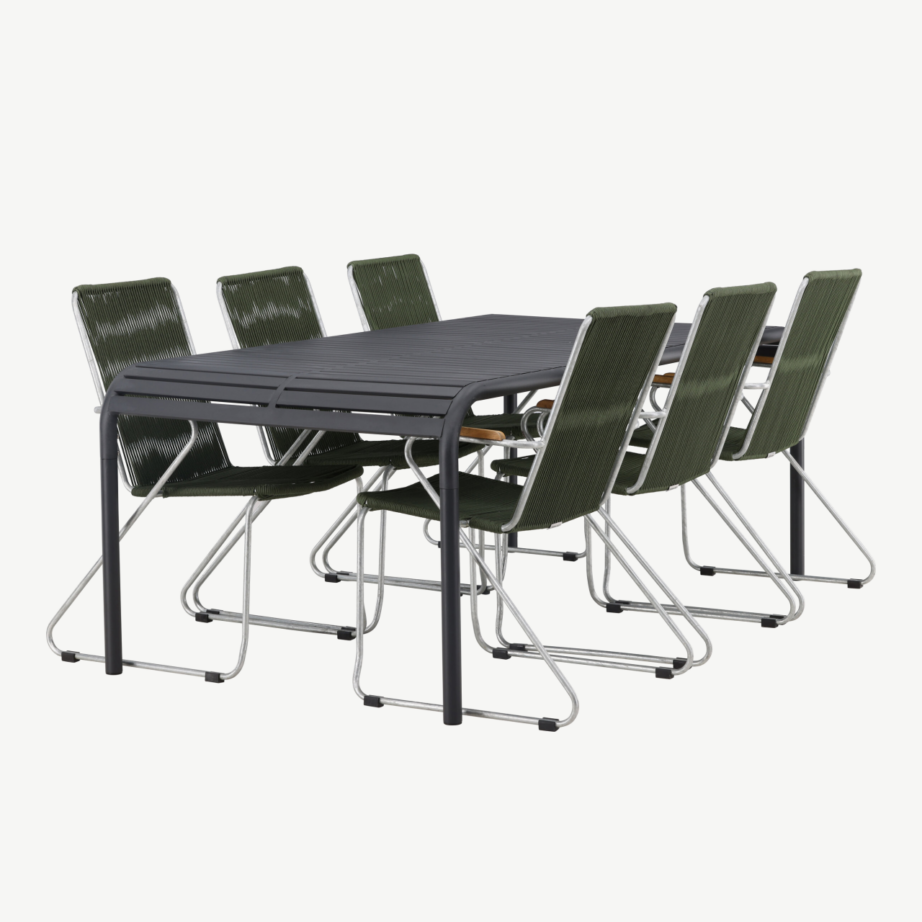 Borneo ristkülikukujuline alumiiniumist söögilaud koos 6 rohelise köiest istmega tooliga, GR23330 – 3