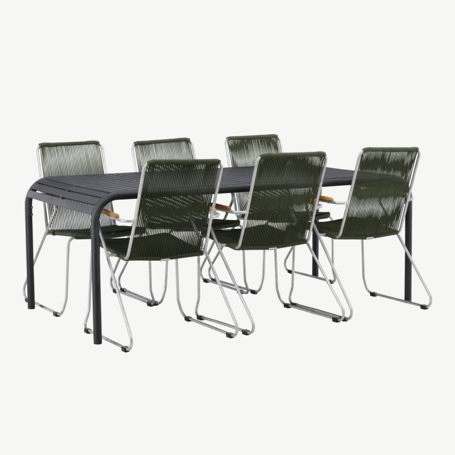 Borneo ristkülikukujuline alumiiniumist söögilaud koos 6 rohelise köiest istmega tooliga, GR23330 – 4