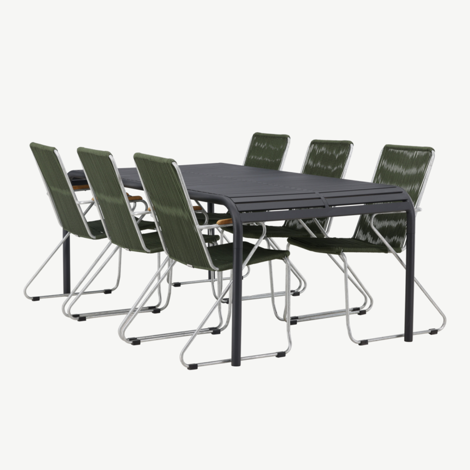Borneo ristkülikukujuline alumiiniumist söögilaud koos 6 rohelise köiest istmega tooliga, GR23330 – 6
