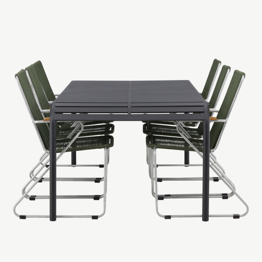 Borneo ristkülikukujuline alumiiniumist söögilaud koos 6 rohelise köiest istmega tooliga, GR23330 – 7