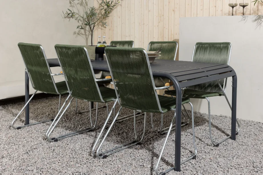 Borneo ristkülikukujuline alumiiniumist söögilaud koos 6 rohelise köiest istmega tooliga, GR23330 – 8