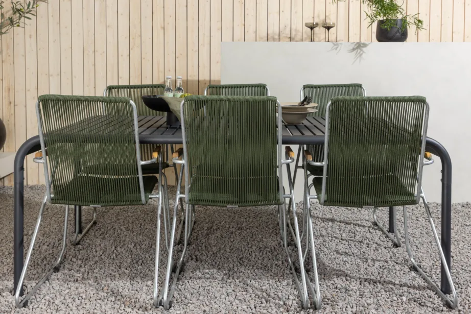 Borneo ristkülikukujuline alumiiniumist söögilaud koos 6 rohelise köiest istmega tooliga, GR23330 – 10