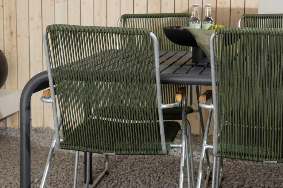 Borneo ristkülikukujuline alumiiniumist söögilaud koos 6 rohelise köiest istmega tooliga, GR23330 – 11