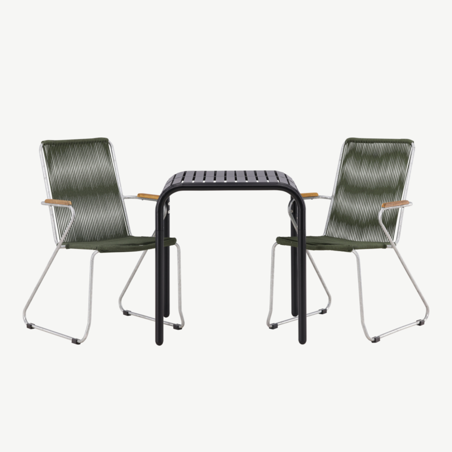 Borneo välimööbli söögilaud koos kahe rohelise punutud tooliga, GR23312 – 5