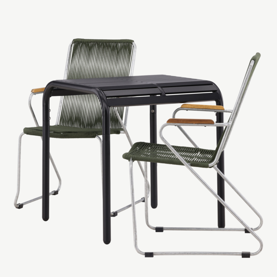 Borneo välimööbli söögilaud koos kahe rohelise punutud tooliga, GR23312 – 6