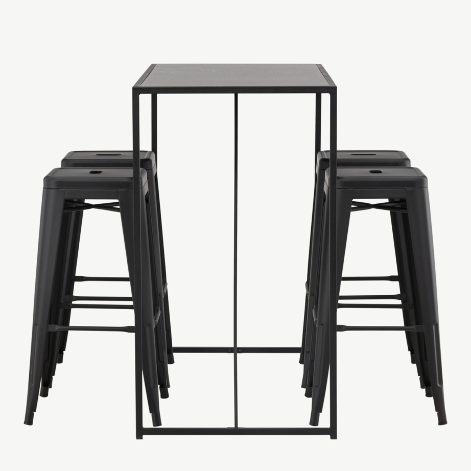 Brea must baarilaud ja neli musta metallist baaritooli (MDF-plaadiga, minimalistlik disain), GR23245 – 2