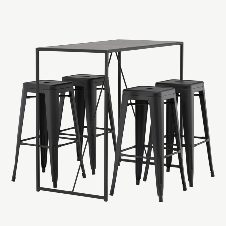 Brea must baarilaud ja neli musta metallist baaritooli (MDF-plaadiga, minimalistlik disain) - GR23245
