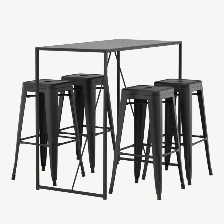 Brea must baarilaud ja neli musta metallist baaritooli (MDF-plaadiga, minimalistlik disain), GR23245 – 3
