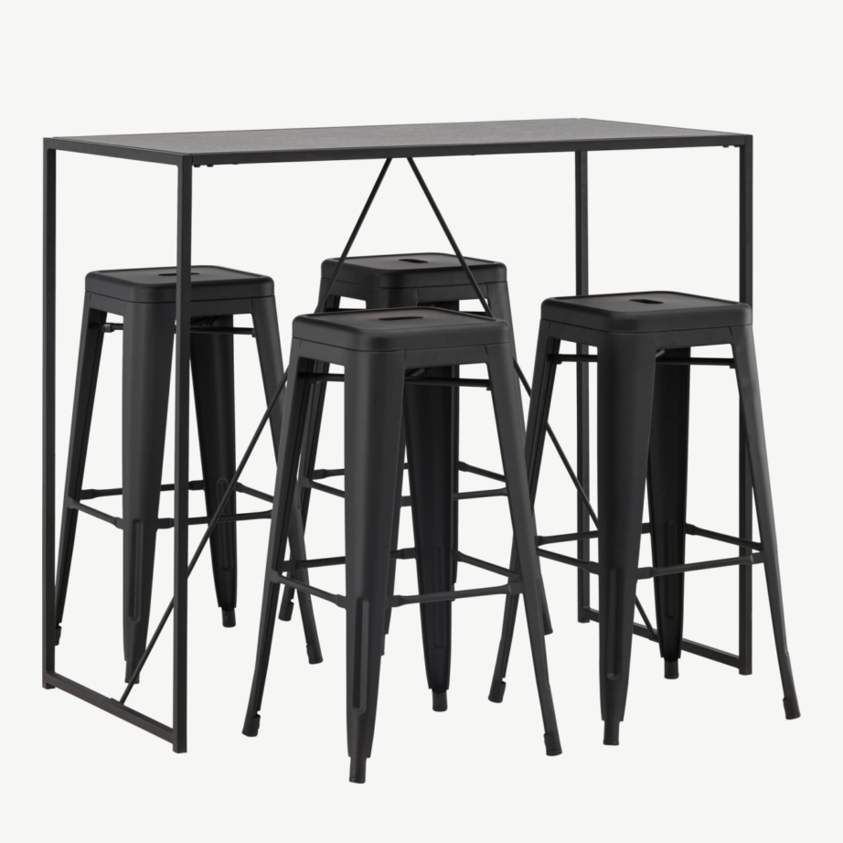 Brea must baarilaud ja neli musta metallist baaritooli (MDF-plaadiga, minimalistlik disain), GR23245 – 4