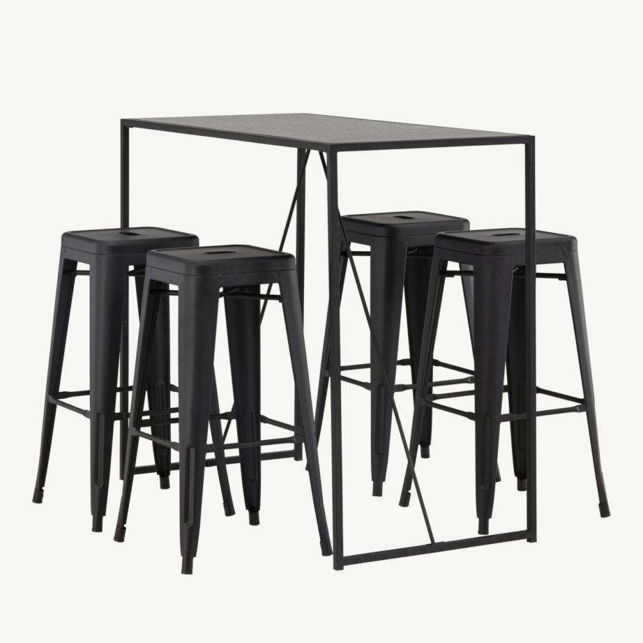 Brea must baarilaud ja neli musta metallist baaritooli (MDF-plaadiga, minimalistlik disain), GR23245 – 6