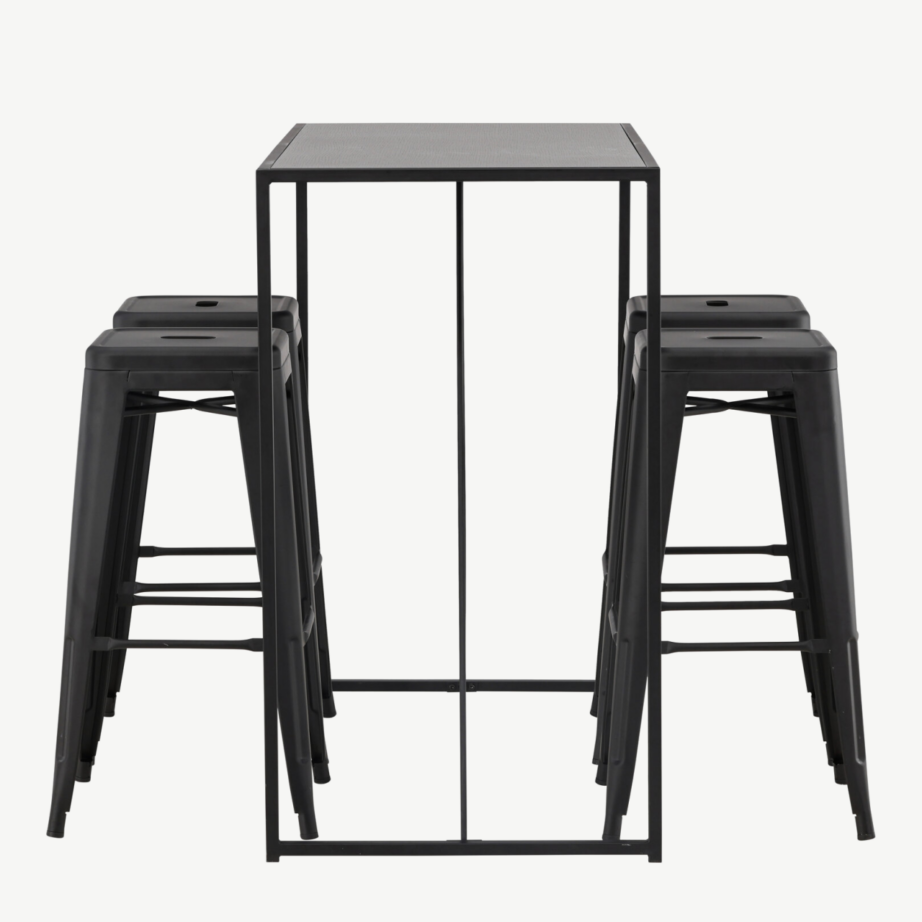 Brea must baarilaud ja neli musta metallist baaritooli (MDF-plaadiga, minimalistlik disain), GR23245 – 7