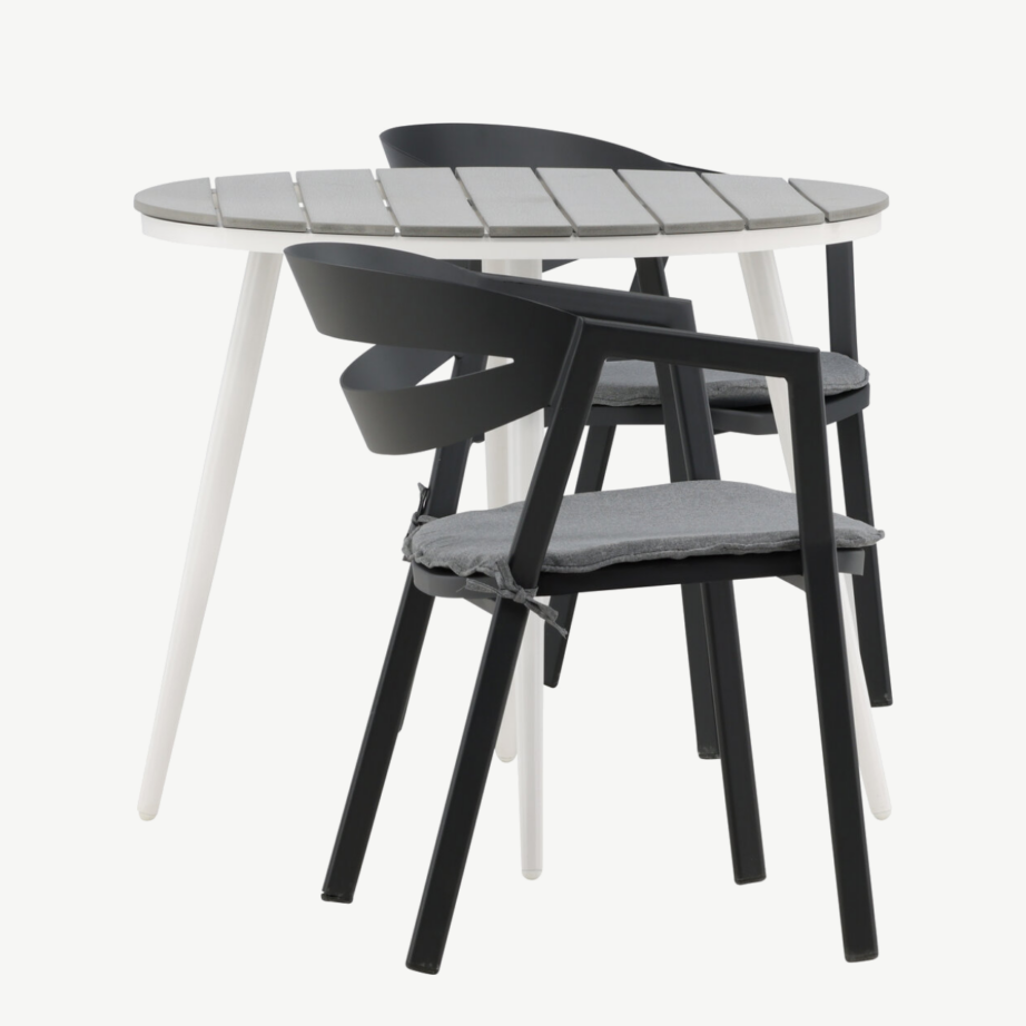 Break ümmargune aiakomplekt kahele (hall Aintwood, valge alumiinium, mustad toolid patjadega), GR22675 – 2