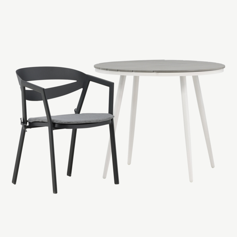 Break ümmargune aiakomplekt kahele (hall Aintwood, valge alumiinium, mustad toolid patjadega), GR22675 – 4