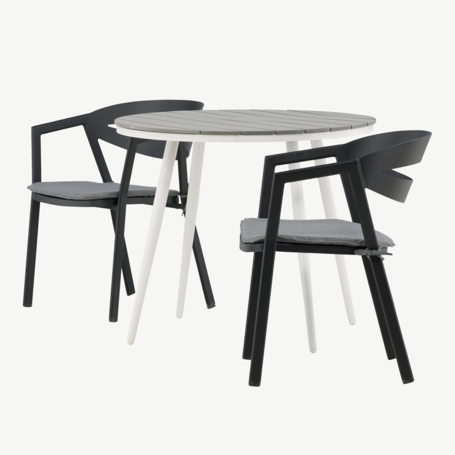Break ümmargune aiakomplekt kahele (hall Aintwood, valge alumiinium, mustad toolid patjadega), GR22675 – 6