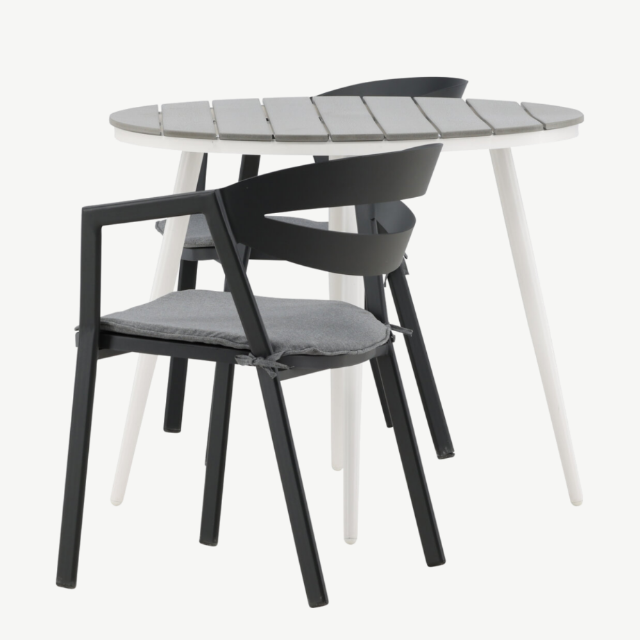 Break ümmargune aiakomplekt kahele (hall Aintwood, valge alumiinium, mustad toolid patjadega), GR22675 – 7