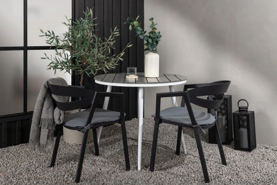 Break ümmargune aiakomplekt kahele (hall Aintwood, valge alumiinium, mustad toolid patjadega), GR22675 – 8