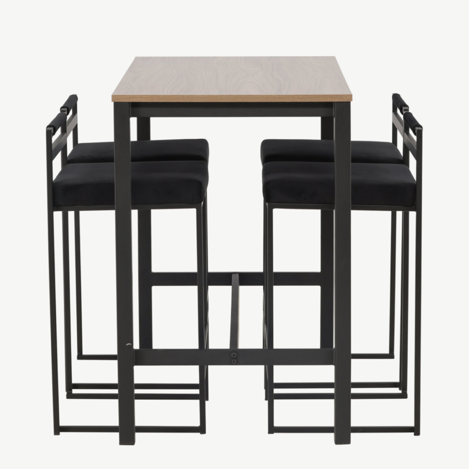 Camden baarilaud (pähkliviimistlus, MDF) ja musta sametkattega terastoolid, GR23235 – 2