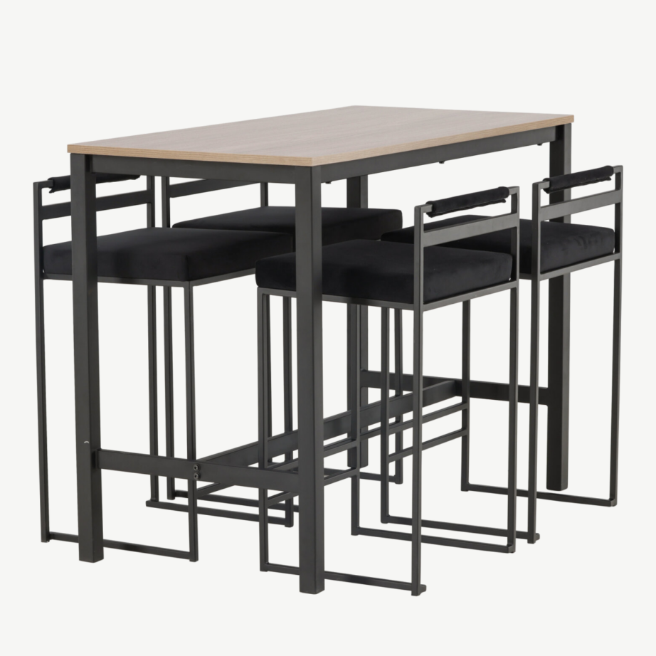 Camden baarilaud (pähkliviimistlus, MDF) ja musta sametkattega terastoolid, GR23235 – 3