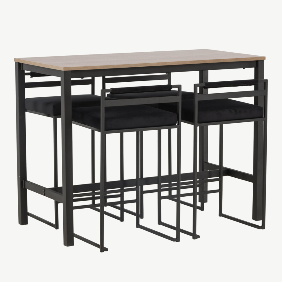 Camden baarilaud (pähkliviimistlus, MDF) ja musta sametkattega terastoolid, GR23235 – 4