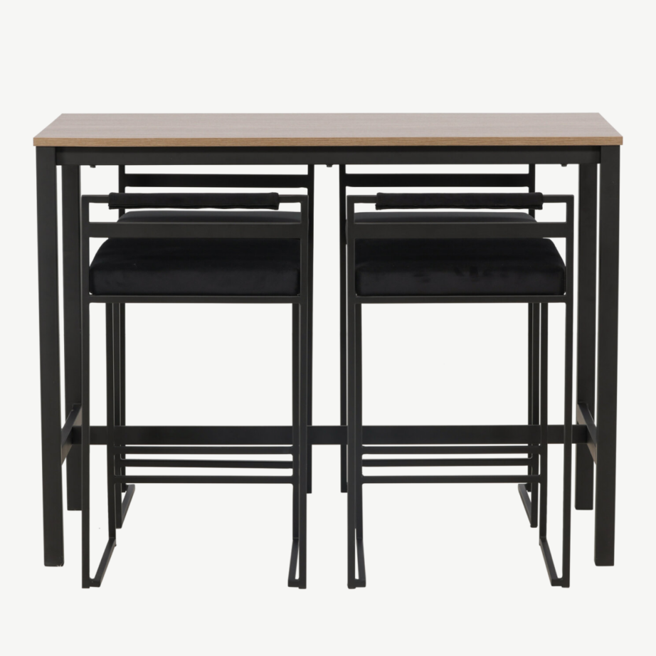 Camden baarilaud (pähkliviimistlus, MDF) ja musta sametkattega terastoolid, GR23235 – 5