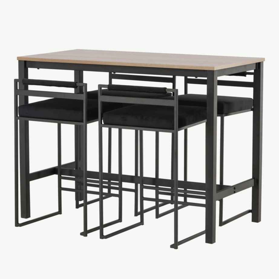 Camden baarilaud (pähkliviimistlus, MDF) ja musta sametkattega terastoolid, GR23235