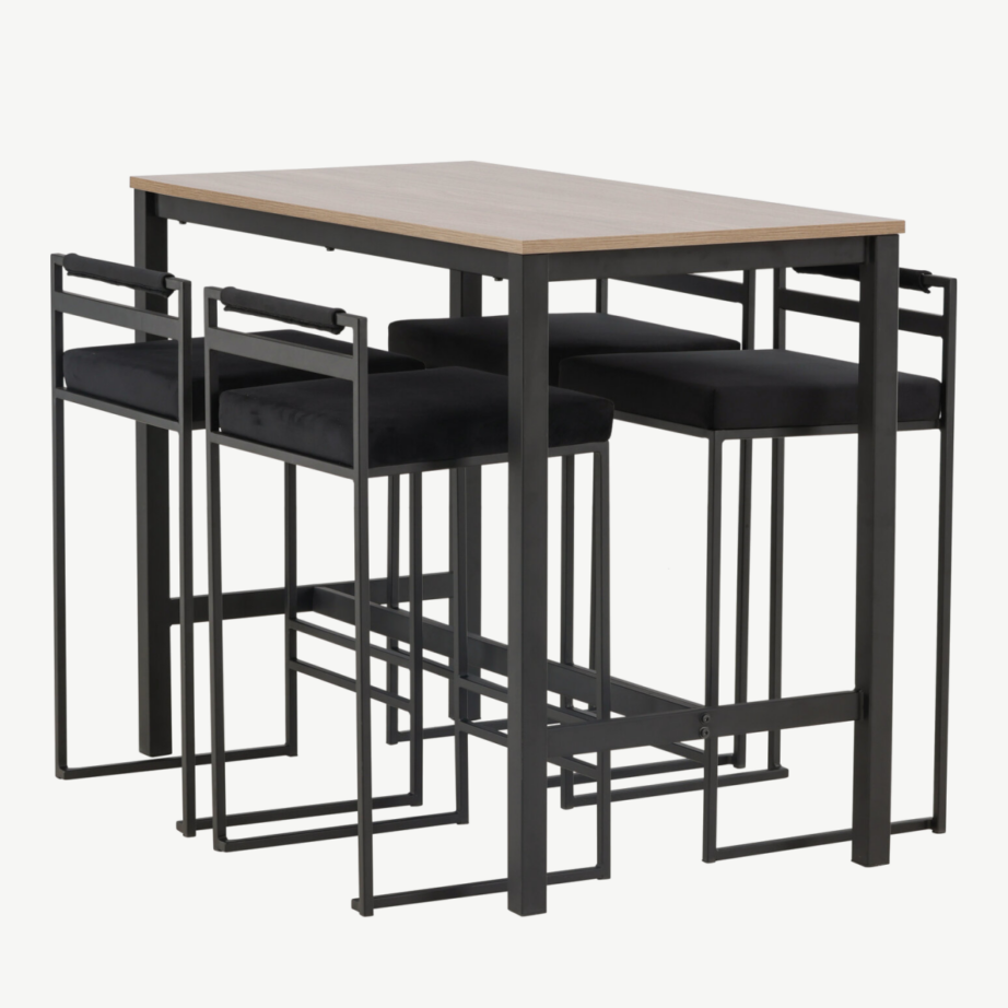 Camden baarilaud (pähkliviimistlus, MDF) ja musta sametkattega terastoolid, GR23235 – 6