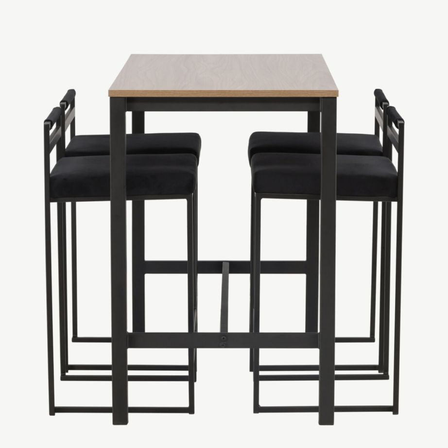 Camden baarilaud (pähkliviimistlus, MDF) ja musta sametkattega terastoolid, GR23235 – 7