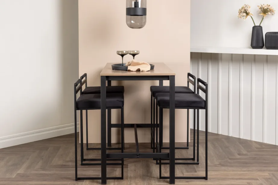 Camden baarilaud (pähkliviimistlus, MDF) ja musta sametkattega terastoolid, GR23235 – 8