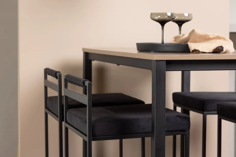 Camden baarilaud (pähkliviimistlus, MDF) ja musta sametkattega terastoolid, GR23235 – 9