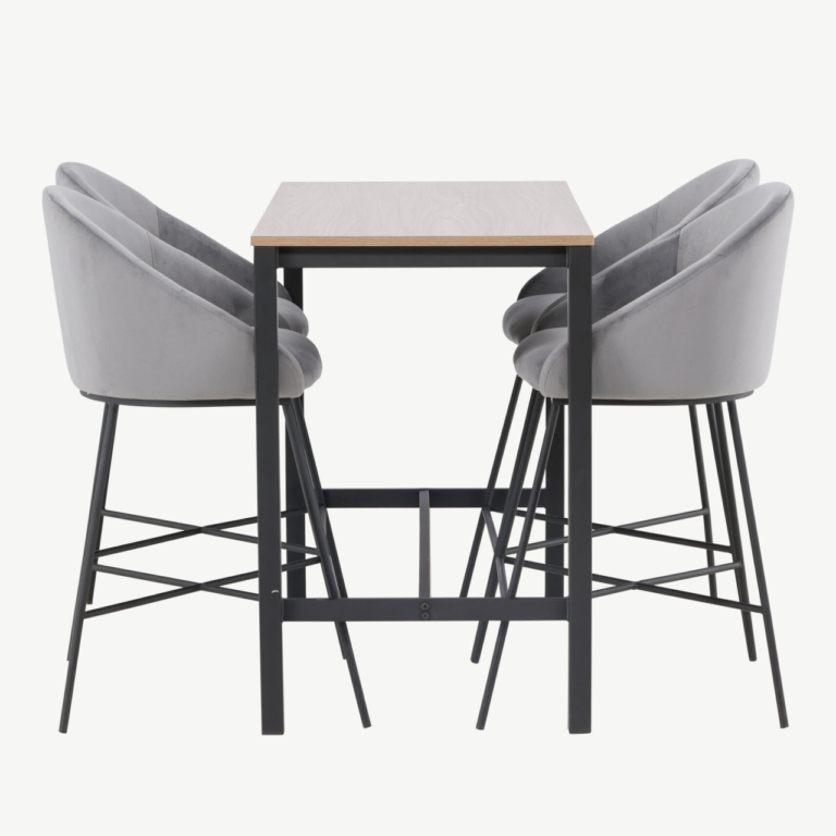 Camdeni pähklivärvi baarilaua ja tumehallide velvet-toolide komplekt (4 istekohaga) - GR23236