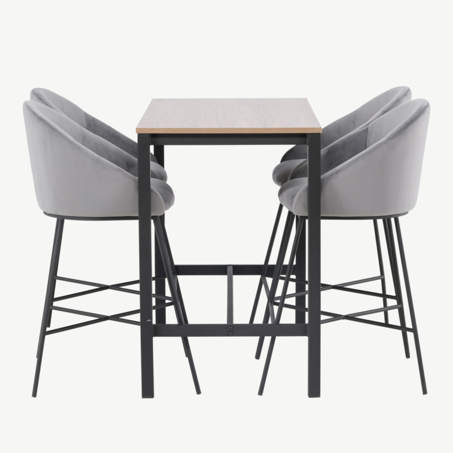 Camdeni pähklivärvi baarilaua ja tumehallide velvet-toolide komplekt (4 istekohaga), GR23236 – 2