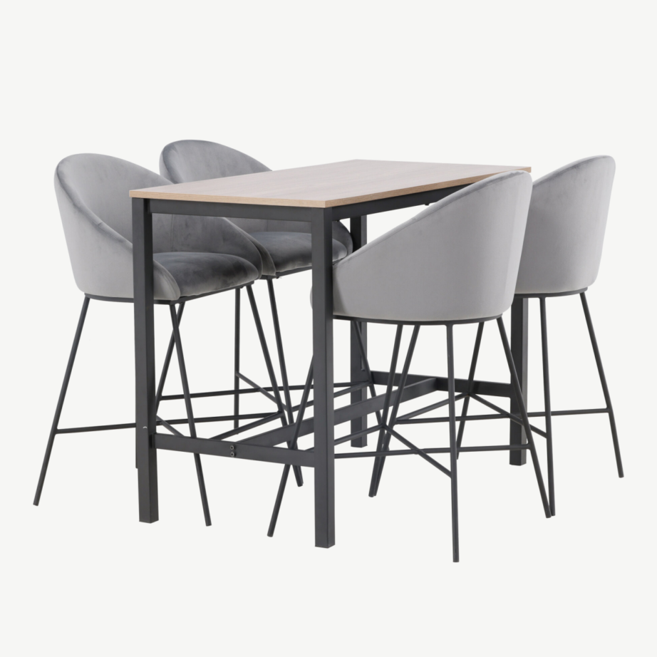 Camdeni pähklivärvi baarilaua ja tumehallide velvet-toolide komplekt (4 istekohaga), GR23236 – 3