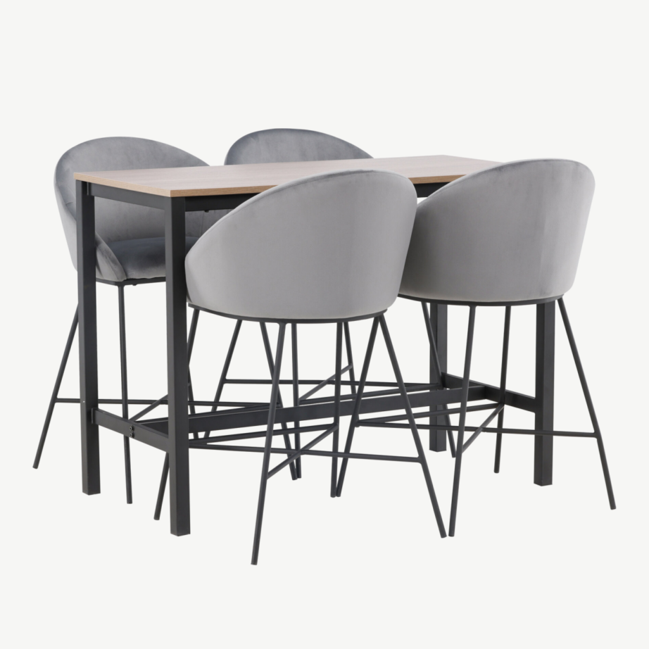 Camdeni pähklivärvi baarilaua ja tumehallide velvet-toolide komplekt (4 istekohaga), GR23236 – 4