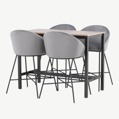 Camdeni pähklivärvi baarilaua ja tumehallide velvet-toolide komplekt (4 istekohaga) - GR23236