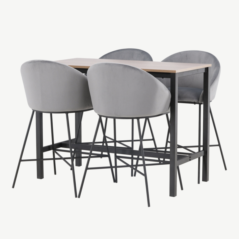 Camdeni pähklivärvi baarilaua ja tumehallide velvet-toolide komplekt (4 istekohaga) - GR23236